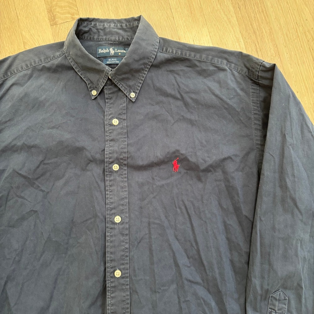 Ralph Lauren Button Down Shirt Mens Large Navy Blue Used Blake Cotton Twill Logo